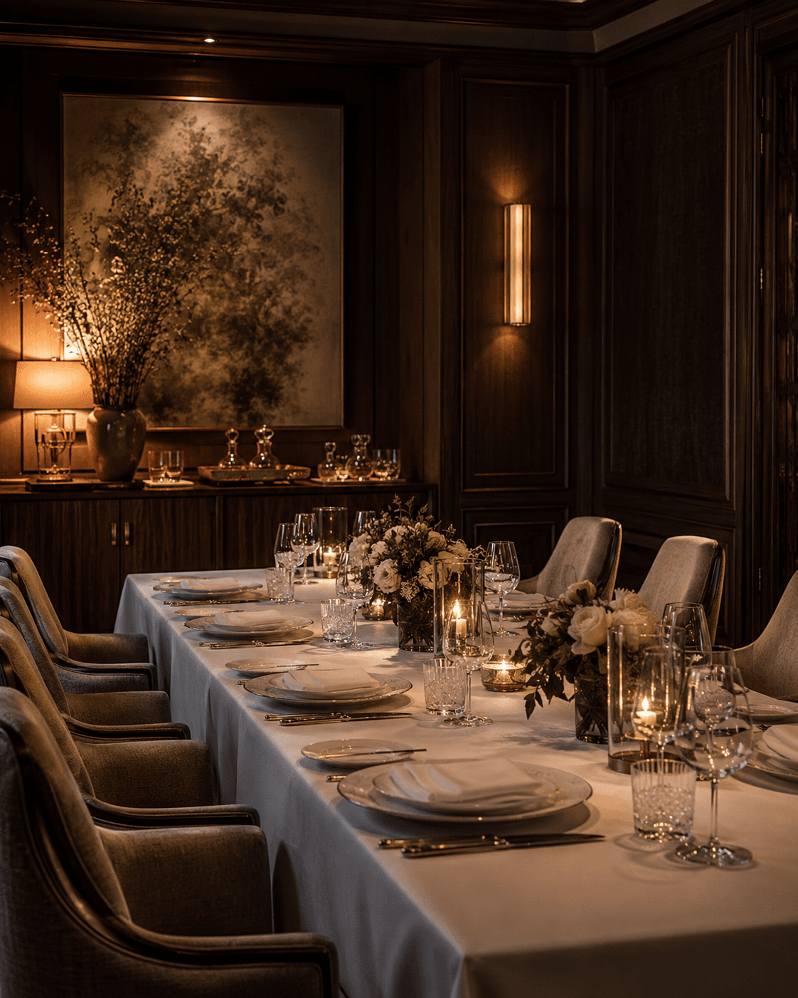 A private dining room — tailored detail, silver, linen