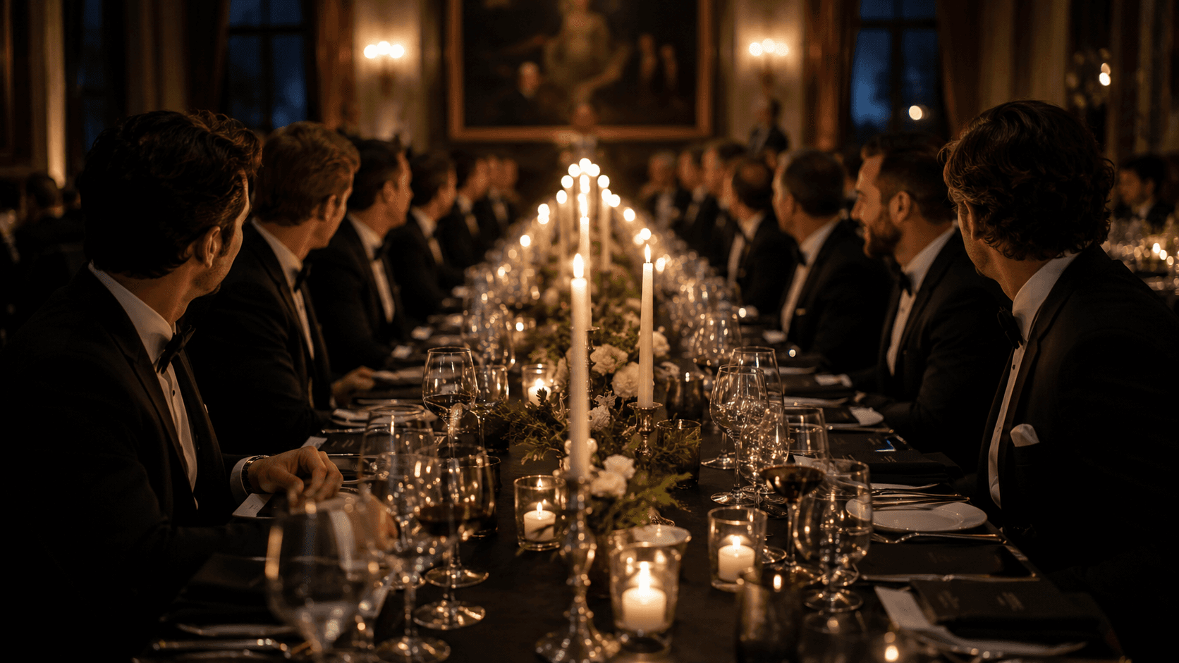 The Opening Dinner — candlelit long table, black tie
